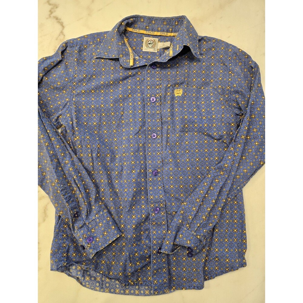 Boys Cinch Long Sleeve Western Shirt Sz 12 Blue Yellow Button Down Rodeo Cowboy
